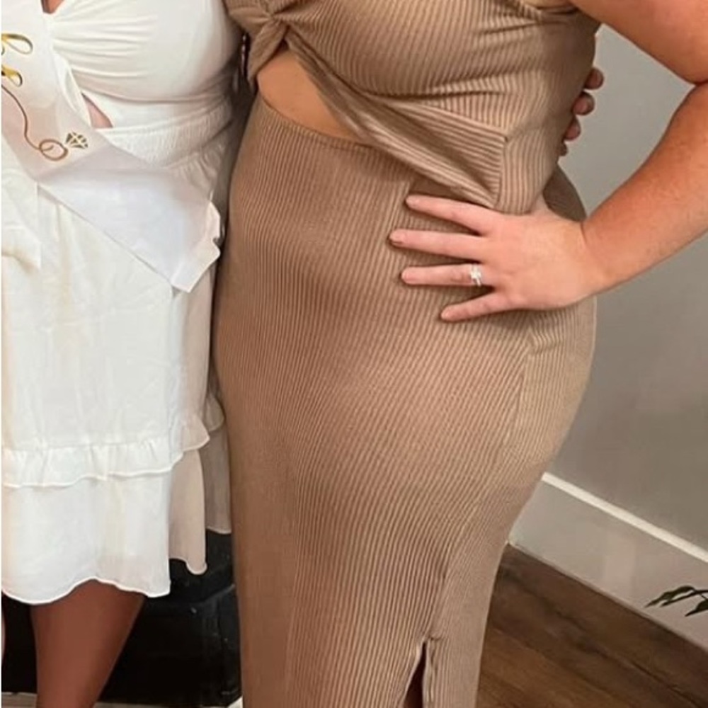 Tan Ribbed Cut-Out Dress